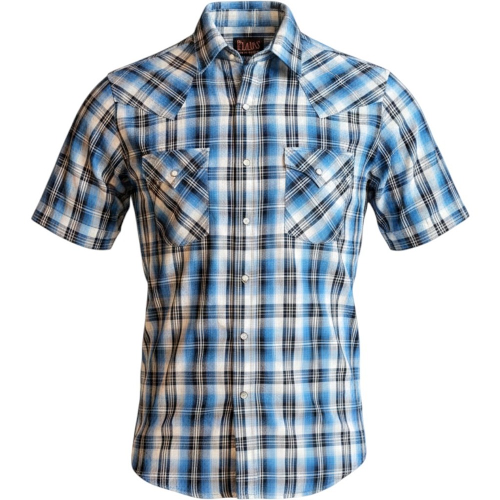 Plains Western Wear Shirt Mens S Blue Black Plaid Excellent Pearl Snap Short Slv